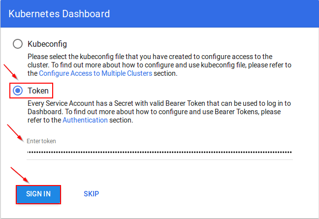 kube dashboard token entry - install kubernetes - edureka