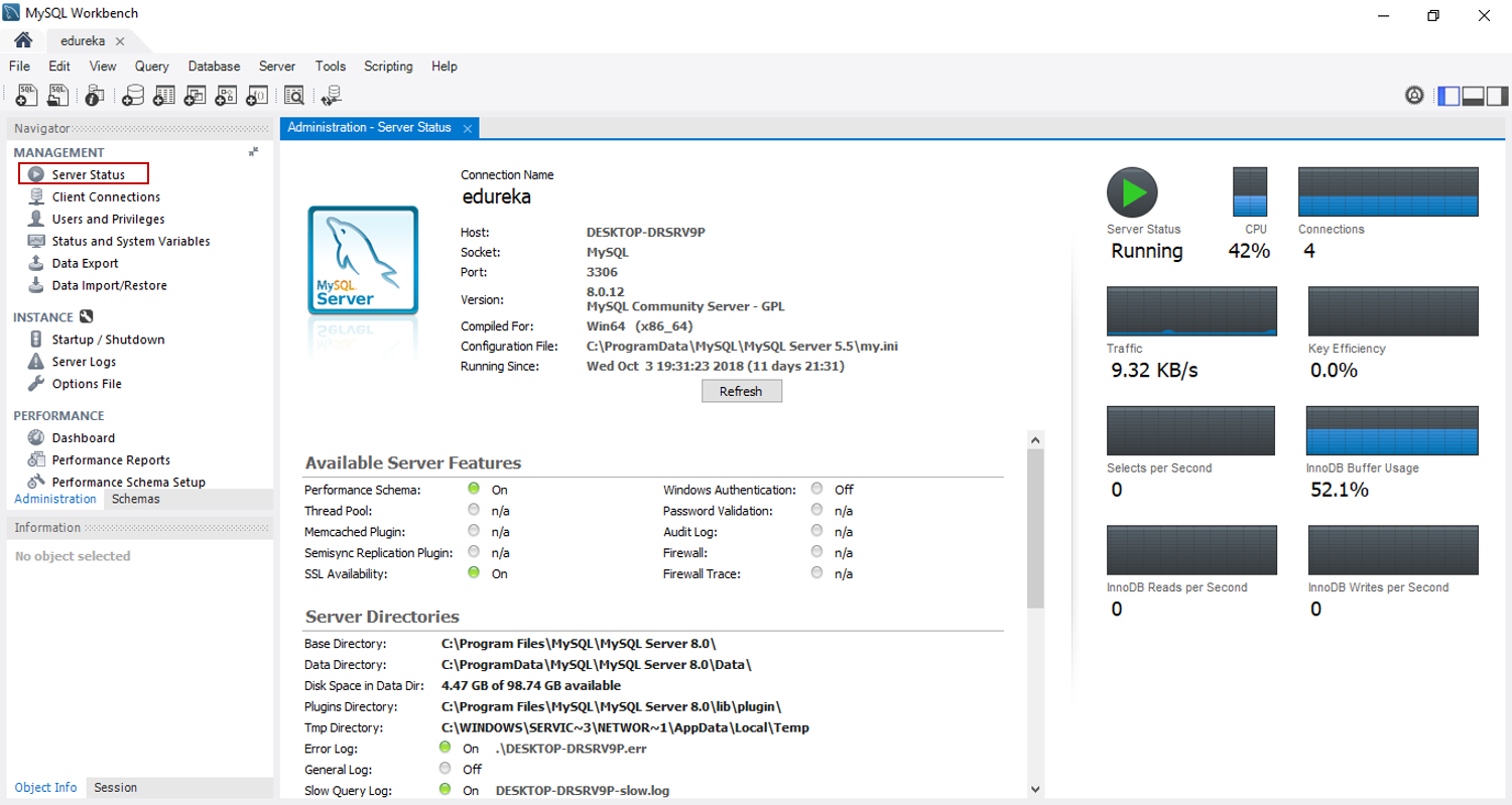 Server Status - MySQL Workbench Tutorial - Edureka