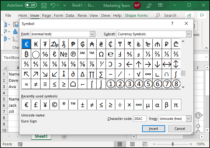 Symbol dialog Excel-Edureka